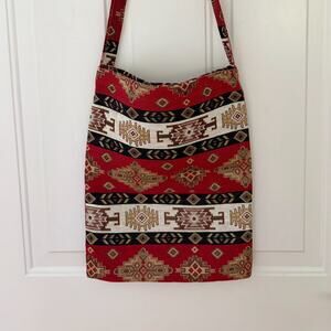 Vintage Boho Kilim Tapestry Shoulder Bag Red Symmetrical Aztec Tribal Woven Tote